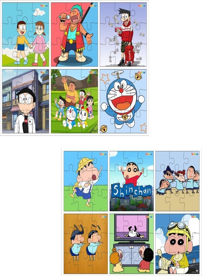 TodFod Wooden Jigsaw Puzzles Toy 54 Pieces 6 in 1, Anime Cartoon Characters Jigsaw Puzzles Educational Toy for Age 3+ Kids & Children Preschool Learning Toy Puzzle (Set of 2) (Doremon & Shinchan) - Image 1